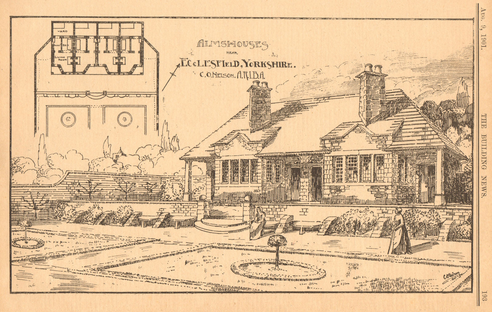 Almshouses near Ecclesfield, Yorkshire, C.O. Nelson A.R.I.B.A. 1901 old print